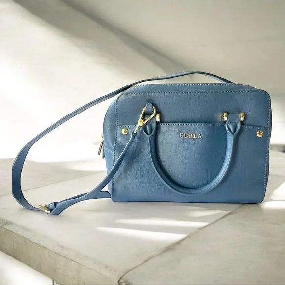 Furla blue leather crossbody satchel bag - Picture 2 of 16